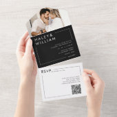 黒モダン白シックなミニマリストの写真結婚の オールインワン招待状 (貼ってはがせる)