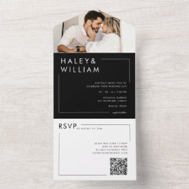黒モダン白シックなミニマリストの写真結婚の オールインワン招待状