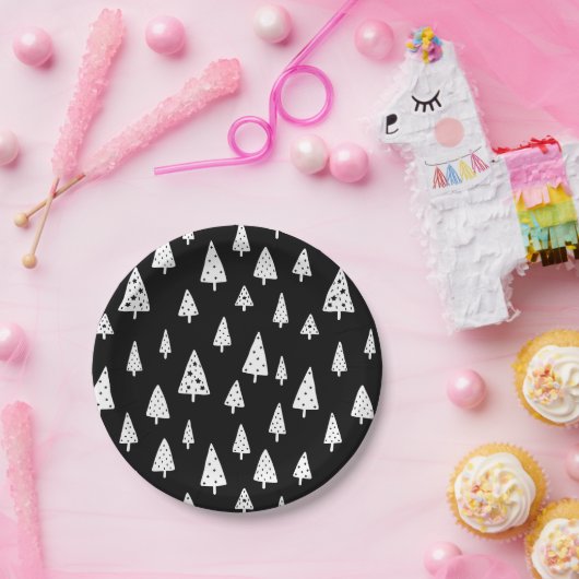 黒モダン白スカンジナビアのクリスマスツリー ペーパープレート (パーティー)