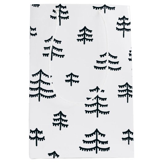 黒モダン白スカンジナビアのクリスマスツリー ミディアムペーパーバッグ (正面)