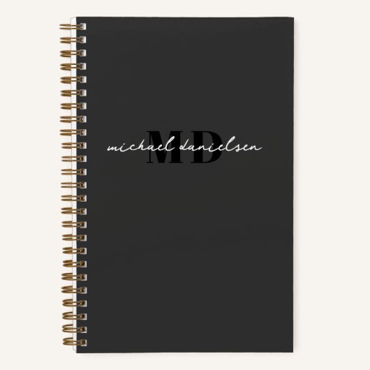 黒モダン白スクリプトイニシャルモノグラムラックス ノートブック (正面)