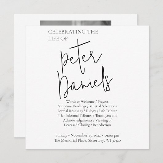 黒モダン白スクリプト写真葬式カード (正面/裏面)