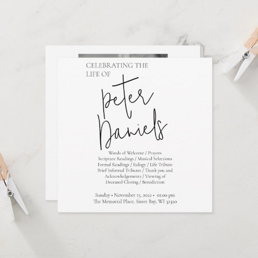 黒モダン白スクリプト写真葬式カード (正面/裏面インサイチュ)