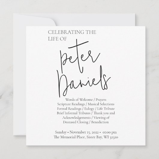 黒モダン白スクリプト写真葬式カード (正面)