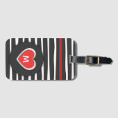 黒モダン白ストライプの赤いハート ラゲッジタグ (正面横)