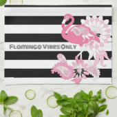 黒モダン白ストライプピンクフラミンゴ キッチンタオル (折り畳み)