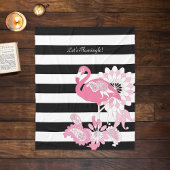 黒モダン白ストライプピンクフラミンゴ フリースブランケット