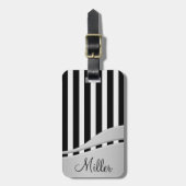 黒モダン白ストライプモノグラムの ラゲッジタグ (正面縦)