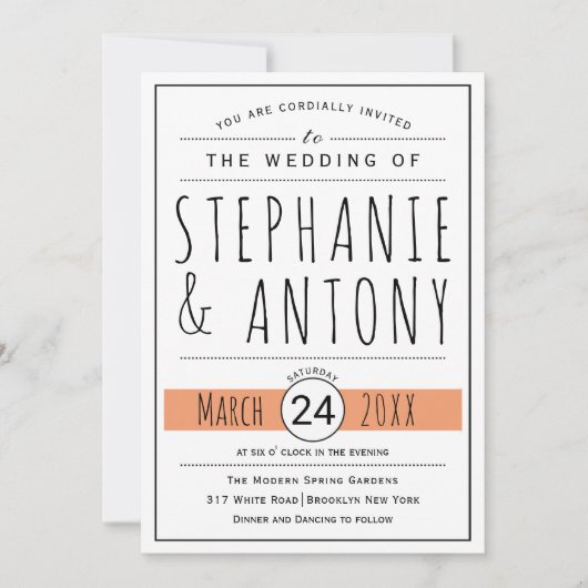 黒モダン白タイポグラフィ珊瑚結婚桃 招待状 (正面)