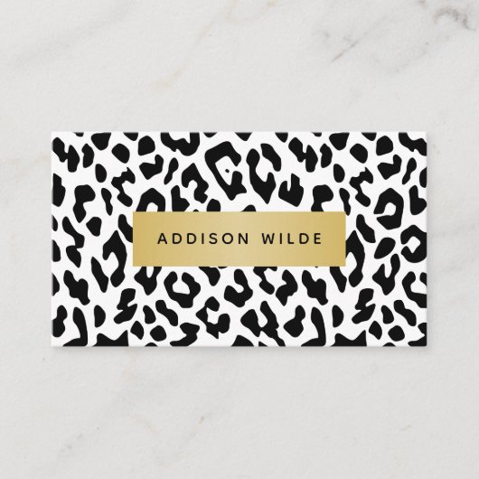 黒モダン白ヒョウ頬プリント金ゴールド 名刺 (正面)