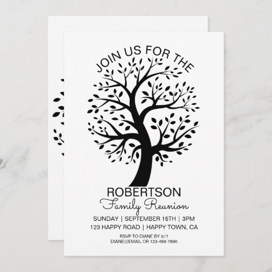 黒モダン白ファミリー懇親会ファミリーツリー 招待状 (正面/裏面)