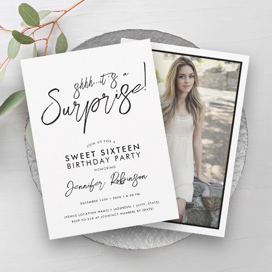 黒モダン白フォトサプライズ甘い16 招待状