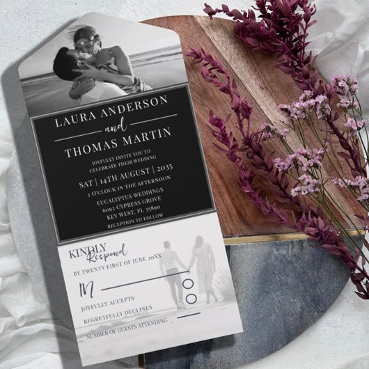 黒モダン白フォトズ結婚ーズ オールインワン招待状