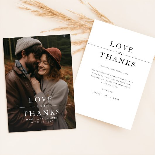 黒モダン白フォトズ結婚ーズ サンキューカード