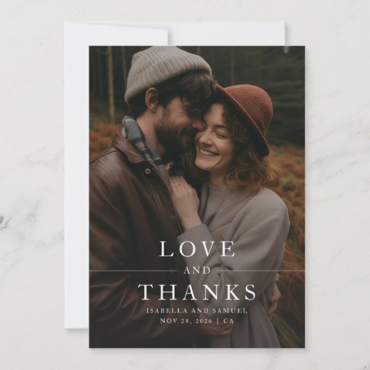 黒モダン白フォトズ結婚ーズ サンキューカード (正面)
