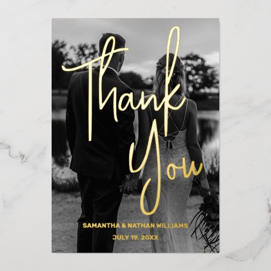黒モダン白フォトフォイルサンキューカード 箔招待状 (正面)