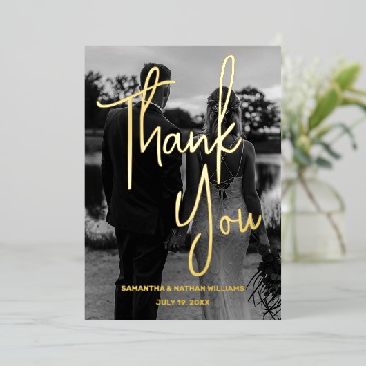 黒モダン白フォトフォイルサンキューカード 箔招待状 (立ち正面)