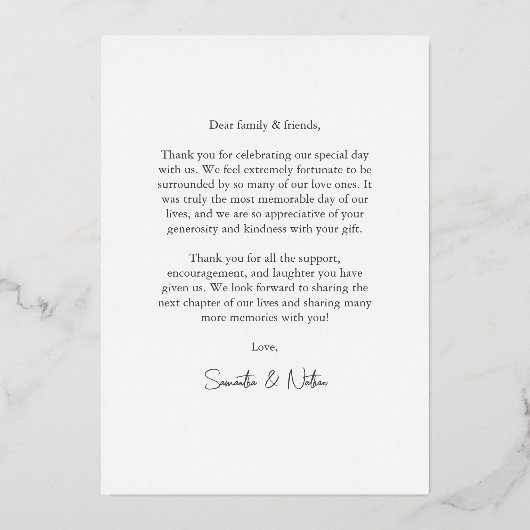 黒モダン白フォトフォイルサンキューカード 箔招待状 (裏面)