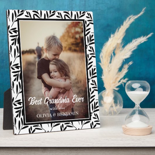 黒モダン白フローラお最高のばあばあちゃん フォトプラーク (側面)