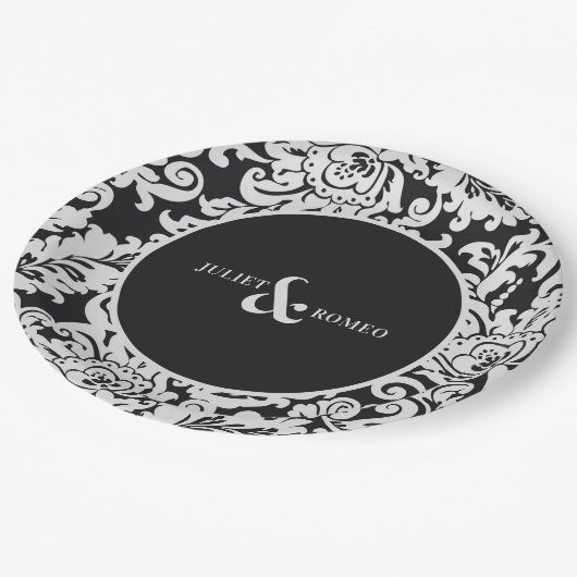 黒モダン白フローラダマエレガントスク結婚式 ペーパープレート (アングル)