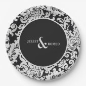 黒モダン白フローラダマエレガントスク結婚式 ペーパープレート (正面)