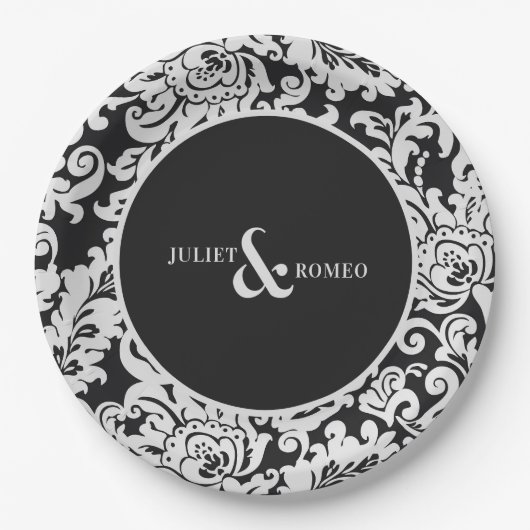 黒モダン白フローラダマエレガントスク結婚式 ペーパープレート (正面)