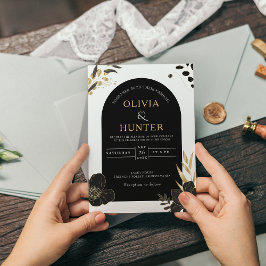 黒モダン白フローラミニマル写エレガント真 招待状