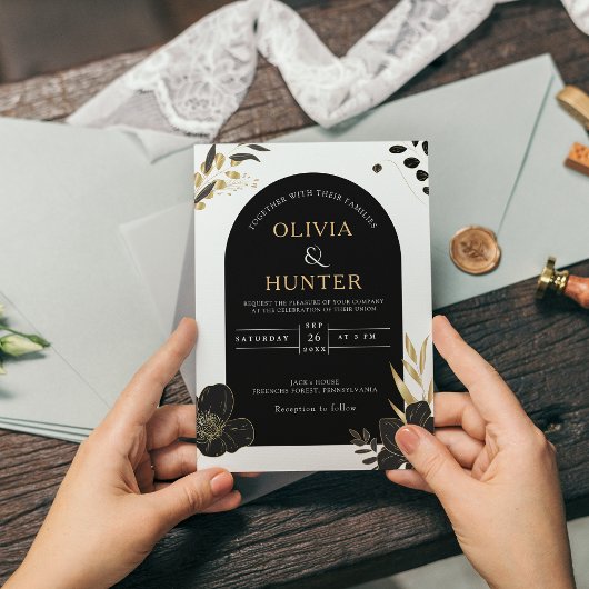黒モダン白フローラミニマル写エレガント真 招待状