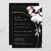黒モダン白フローラ感動的結婚の 招待状 (正面/裏面)