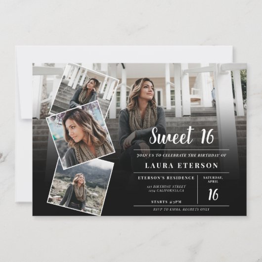 黒モダン白ミニマル写真甘い16 招待状 (正面)
