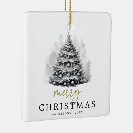 黒モダン白メリークリスマスツリーファミリー セラミックオーナメント (右)