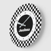 黒モダン白レース市松模様にフラ個人 ラージ壁時計 (傾斜)