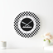 黒モダン白レース市松模様にフラ個人 ラージ壁時計 (ホーム)