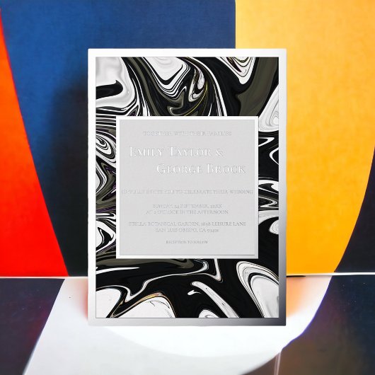 黒モダン白抽象芸術ミニマル結婚の 箔招待状