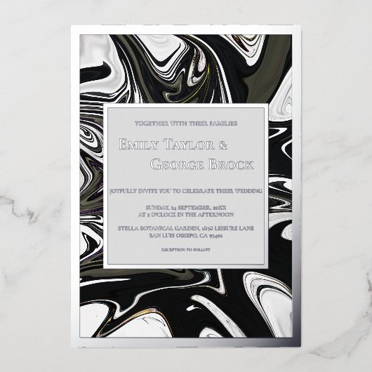 黒モダン白抽象芸術ミニマル結婚の 箔招待状 (正面)