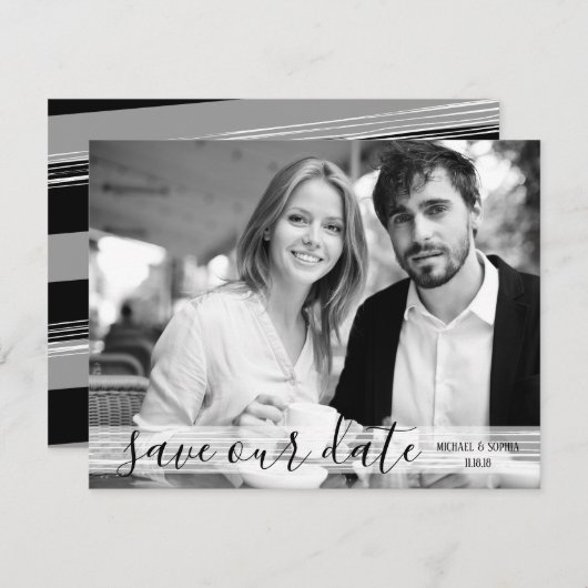 黒モダン白救日付きフォトカード セーブザデート (正面/裏面)