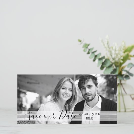 黒モダン白救日付フォトカード セーブザデート (スタンド正面)