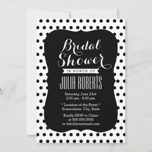 黒モダン白水玉模様ブライダルシャワー 招待状 (正面)