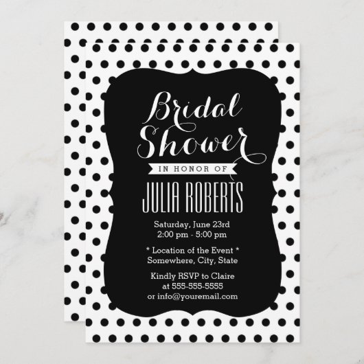黒モダン白水玉模様ブライダルシャワー 招待状 (正面/裏面)