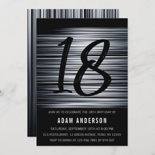 黒モダン白男18誕生日 招待状 (正面/裏面)