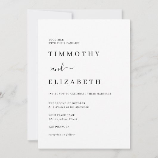 黒モダン白結婚式招待状 招待状 (正面)