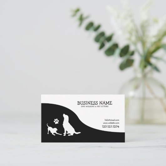 黒モダン白足シルエットドッグ歩く 名刺 (スタンド正面)