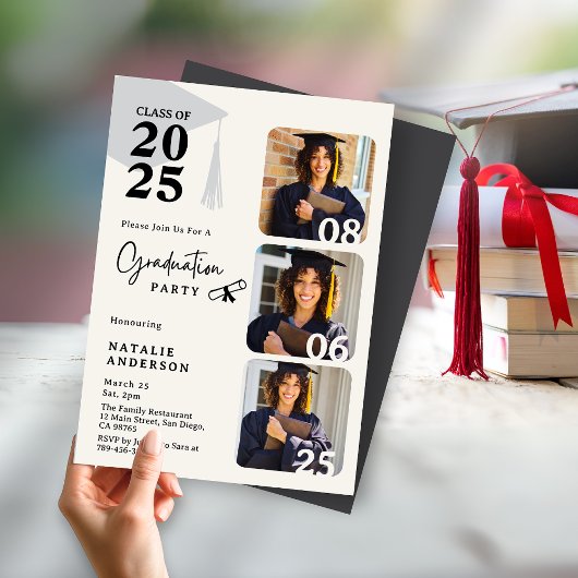 黒モダン白3写真卒業パーティー 招待状