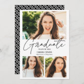 黒モダン白3枚コラージュ卒業 案内状 (正面/裏面)