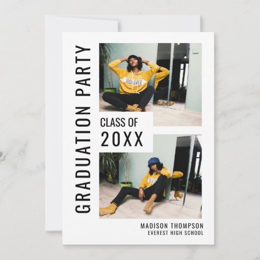 黒モダン白3枚フォト卒業招待状 招待状 (正面)