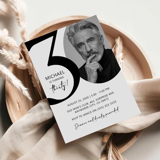 黒モダン白30thフォトバースデーパーティー 招待状