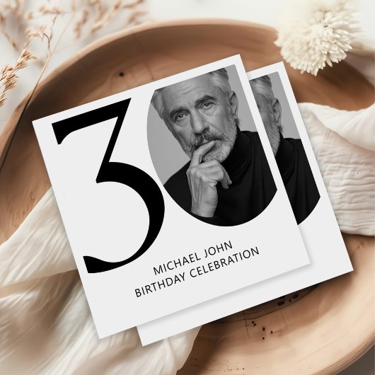 黒モダン白30thフォト誕生日 スタンダードカクテルナプキン