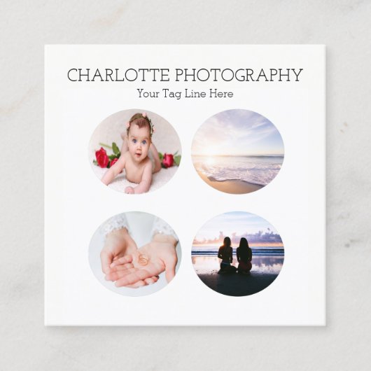 黒モダン白4枚の写真正方形 スクエア名刺 (正面)