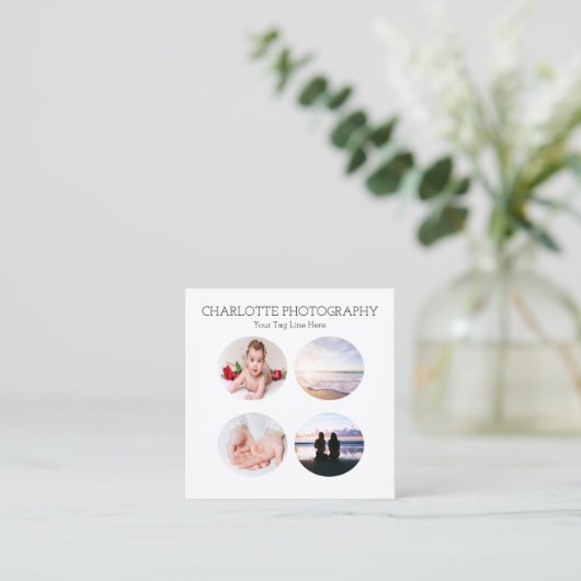 黒モダン白4枚の写真正方形 スクエア名刺 (スタンド正面)