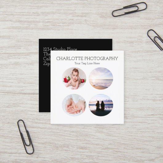 黒モダン白4枚の写真正方形 スクエア名刺 (正面/裏面インサイチュ)